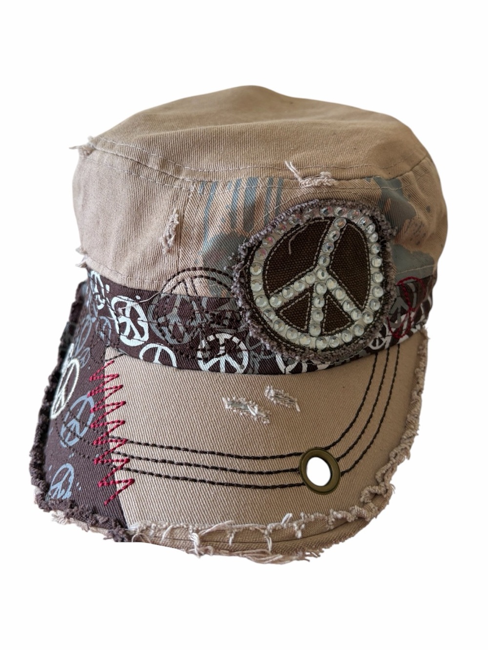 Y2K Distressed Peace Cadet Hat Beige Military Style Cap Boho Festival Grunge